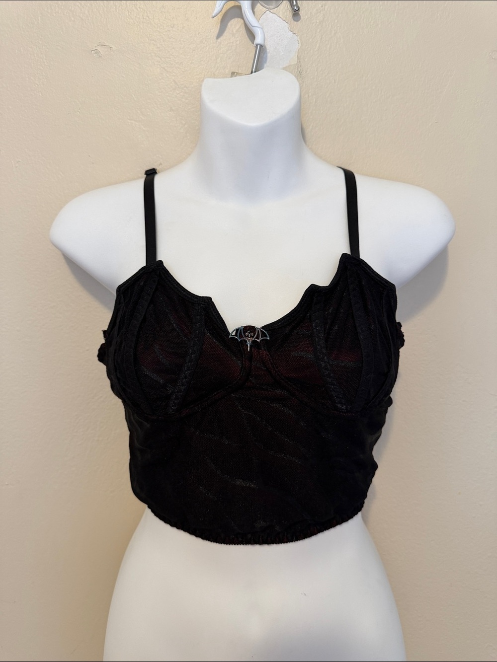 ROMWE Black Sheer Mesh Bustier Crop Top with Bat Charm